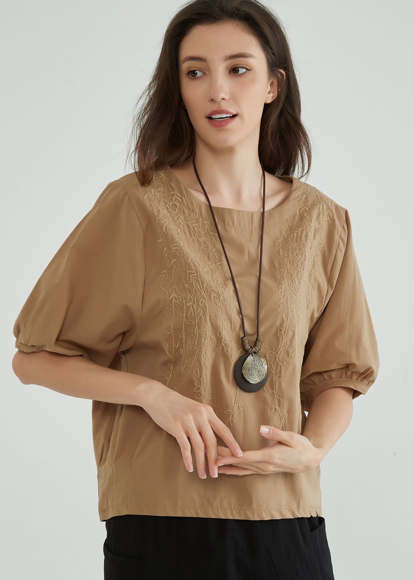 Caramel Cotton Embroidery Top - Whisper Mint